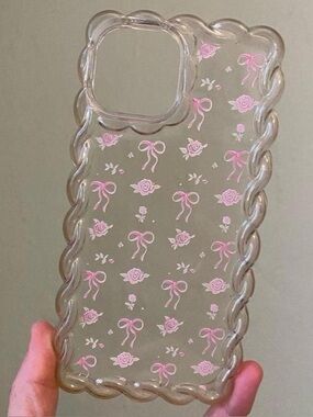 iPhone 15 Wavy Pink Bow Rose Case Coquette Cute Girl Aesthetic